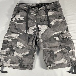 CSG Cargo Shorts Camouflage Black Gray Drawstring Adjustable Flat Front 32
